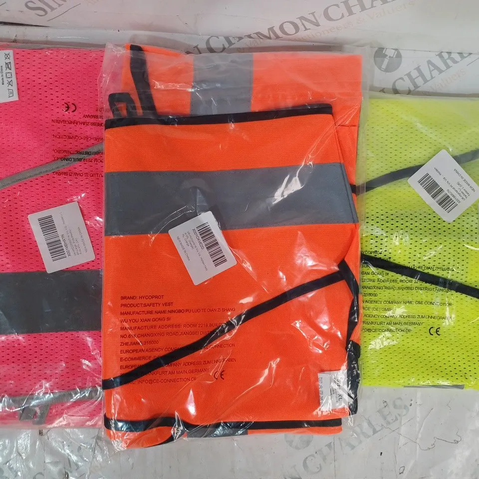 APPROXIMATELY 5 ASSORTED HI-VIS SAFETY VESTS IN VARIOUS COLOURS AND SIZES