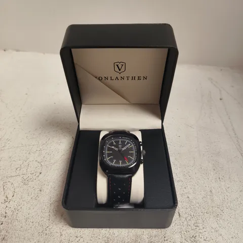 VONLANTHEN WRISTWATCH IN PRESENTATION BOX – BLACK DIAL, PERFORATED LEATHER STRAP