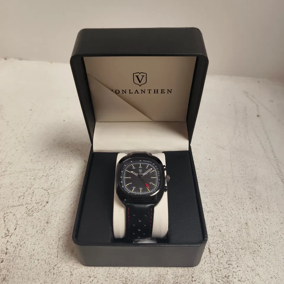 VONLANTHEN WRISTWATCH IN PRESENTATION BOX – BLACK DIAL, PERFORATED LEATHER STRAP