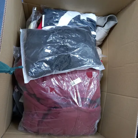 BOX OF ASSORTED CLOTHING ITEMS TOO INCLUDE JUMPERS, SHIRTS AND TROUSERS IN VARIOUS SIZES AND COLOURS