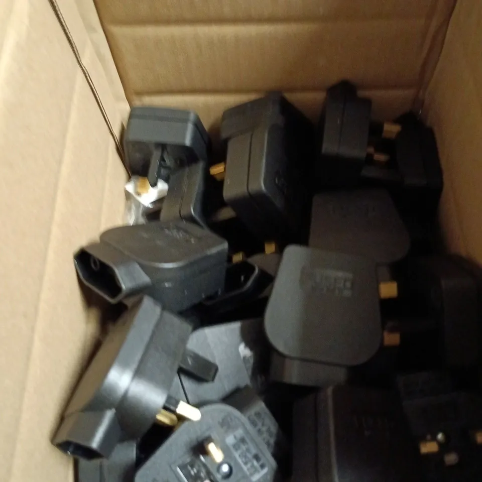 BOX OF APPROXIMATELY 20 BLACK ADAPTER PLUGS 