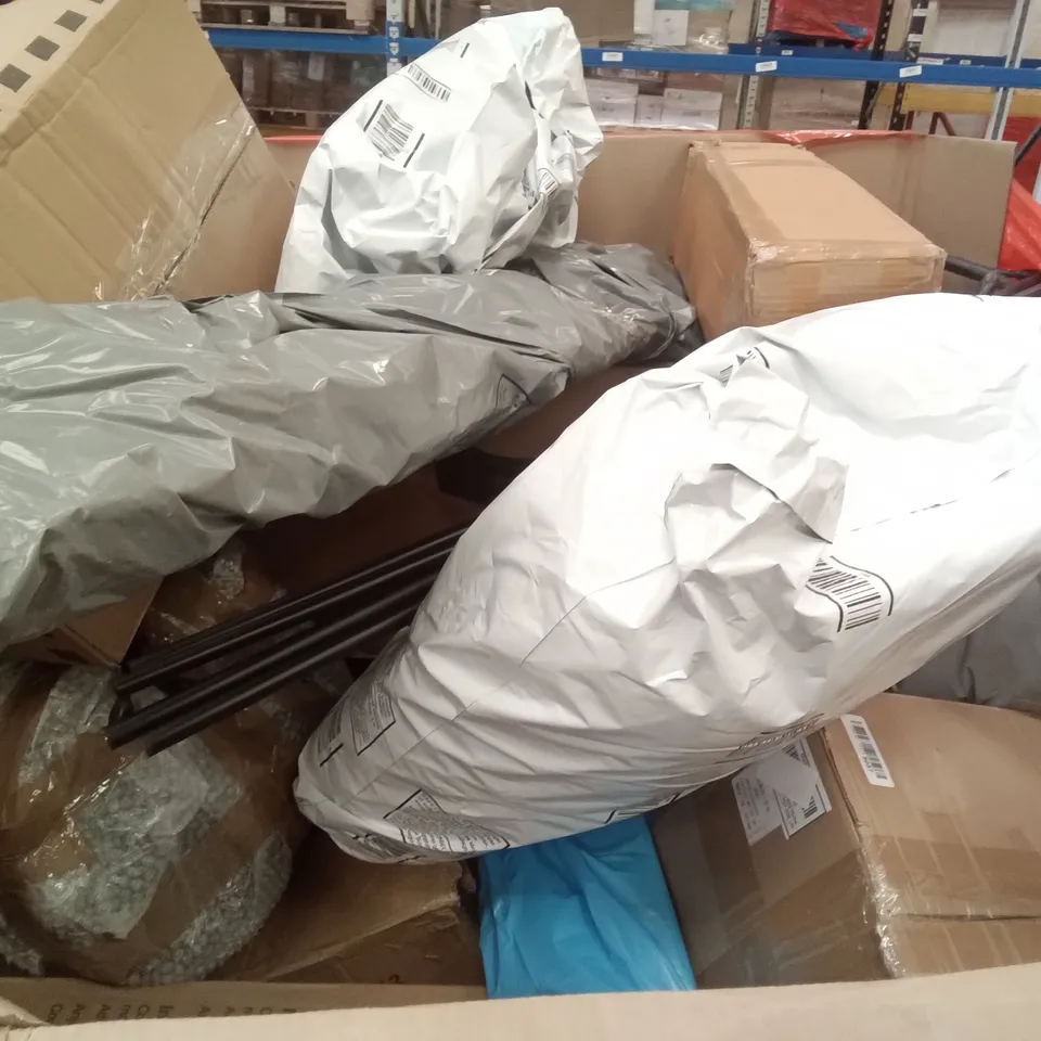 PALLET OF ASSORTED ITEMS INCLUDING MILLIARD BEDDING U PILLOW, 48"-84" CURTAIN ROD, LED METEOR LIGHT, STAIRCASE HANDRAIL, CLOTHES RACK