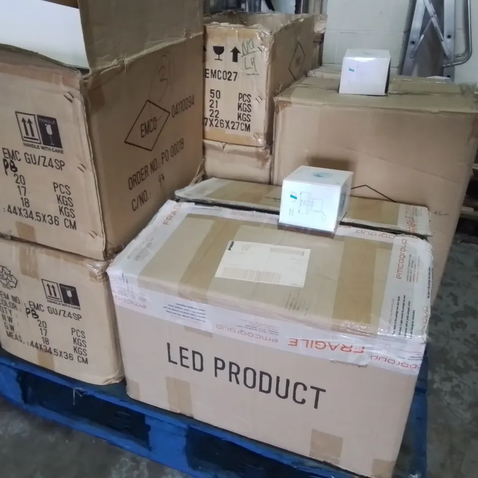 PALLET CONTAINING 8 MULTIPACK BOXES OF ASSORTED LIGHTING ITEMS TO INCLUDE EMCO DOWNLIGHTS AND 4-LAMP CEILING LIGHTS
