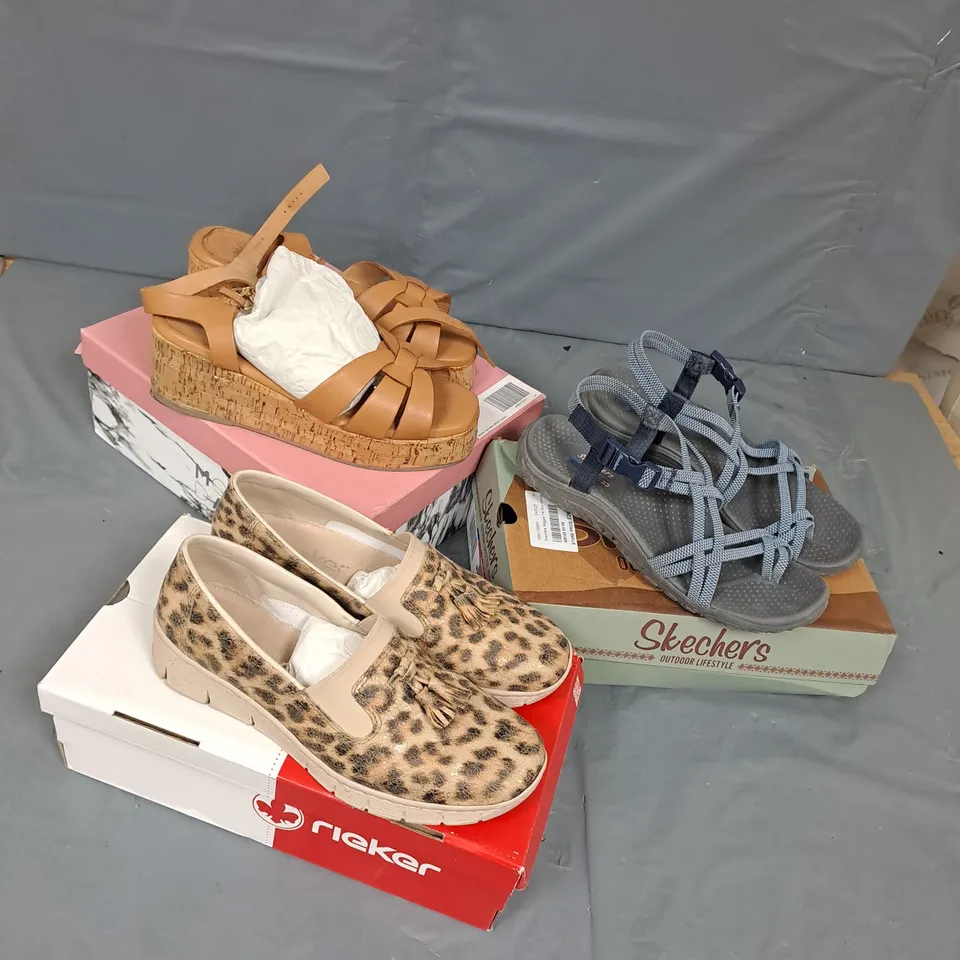 APPROXIMATELY 8 PAIRS OF ASSORTED SHOES & FOOTWEAR ITEMS IN VARIOUS STYLES, SIZES & COLOURS TO INCLUDE MODA IN PELLE, RIEKER, SKECHERS, ETC