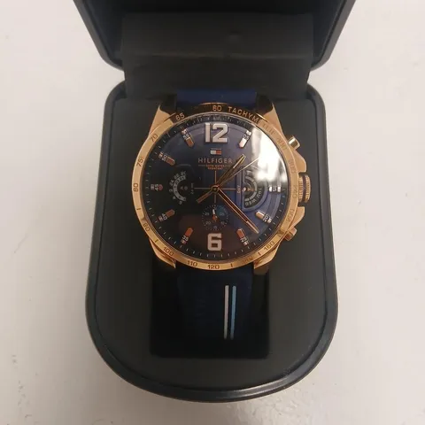 TOMMY HILFIGER CHRONOGRAPH WATCH – GOLD-TONE CASE, BLUE STRAP