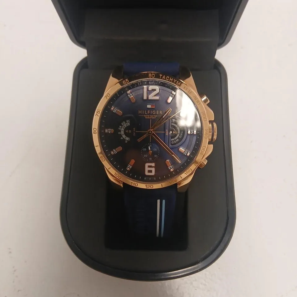 TOMMY HILFIGER CHRONOGRAPH WATCH – GOLD-TONE CASE, BLUE STRAP