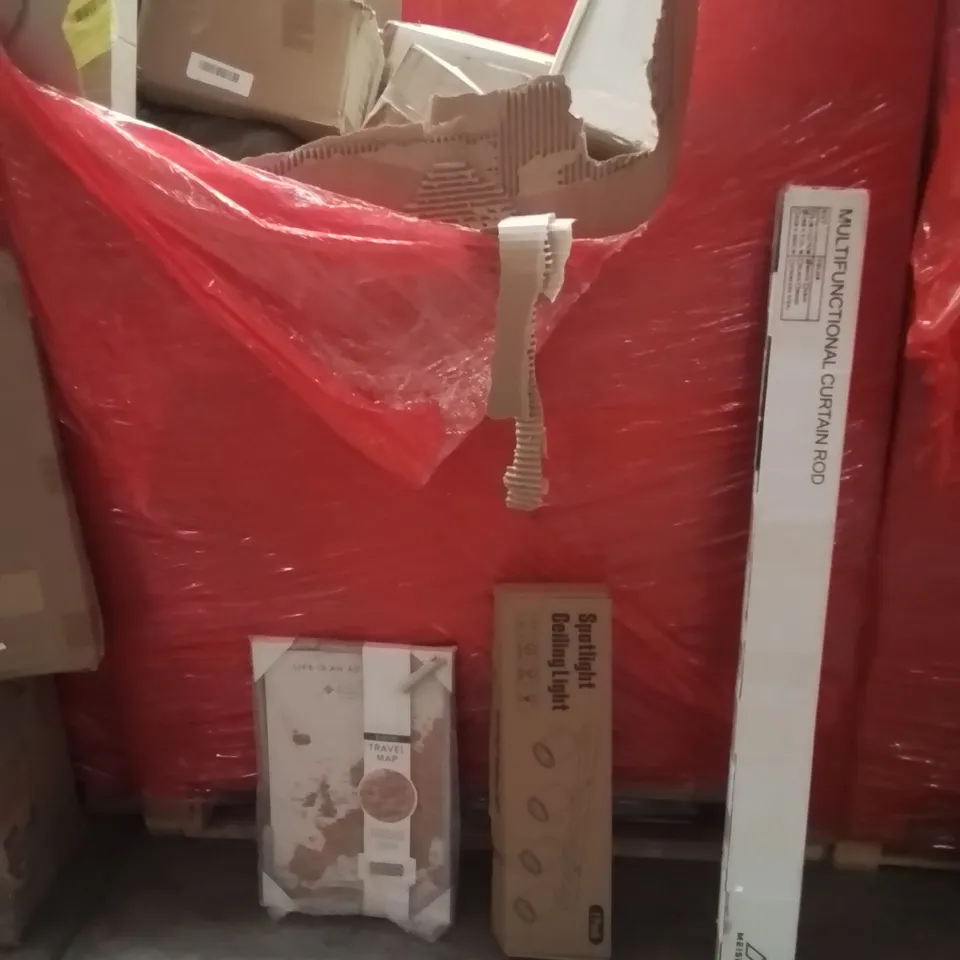 PALLET OF ASSORTED HOUSEHOLD GOODS AND PRODUCTS TO INCLUDE;SPOTLIGHT CEILING LIGHT,CURTAIN ROD,TRAVEL MAP