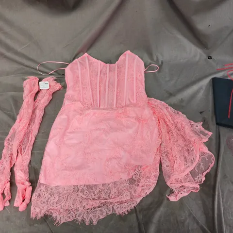 FASHION NOVA ALWAYS SWEET CORSET MINI DRESS & GLOVES SET – PINK, UK SIZE L