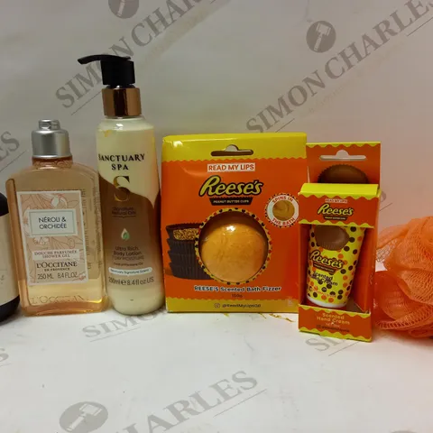 LOT OF 6 ASSORTED BATH&BODY PRODUCTS TO INCLUDE AROMA ACTIVE MUSCLE RECOVERY SOAK, L'OCCITANE SHOWER GEL, REESE'S BATH FIZZER, ETC