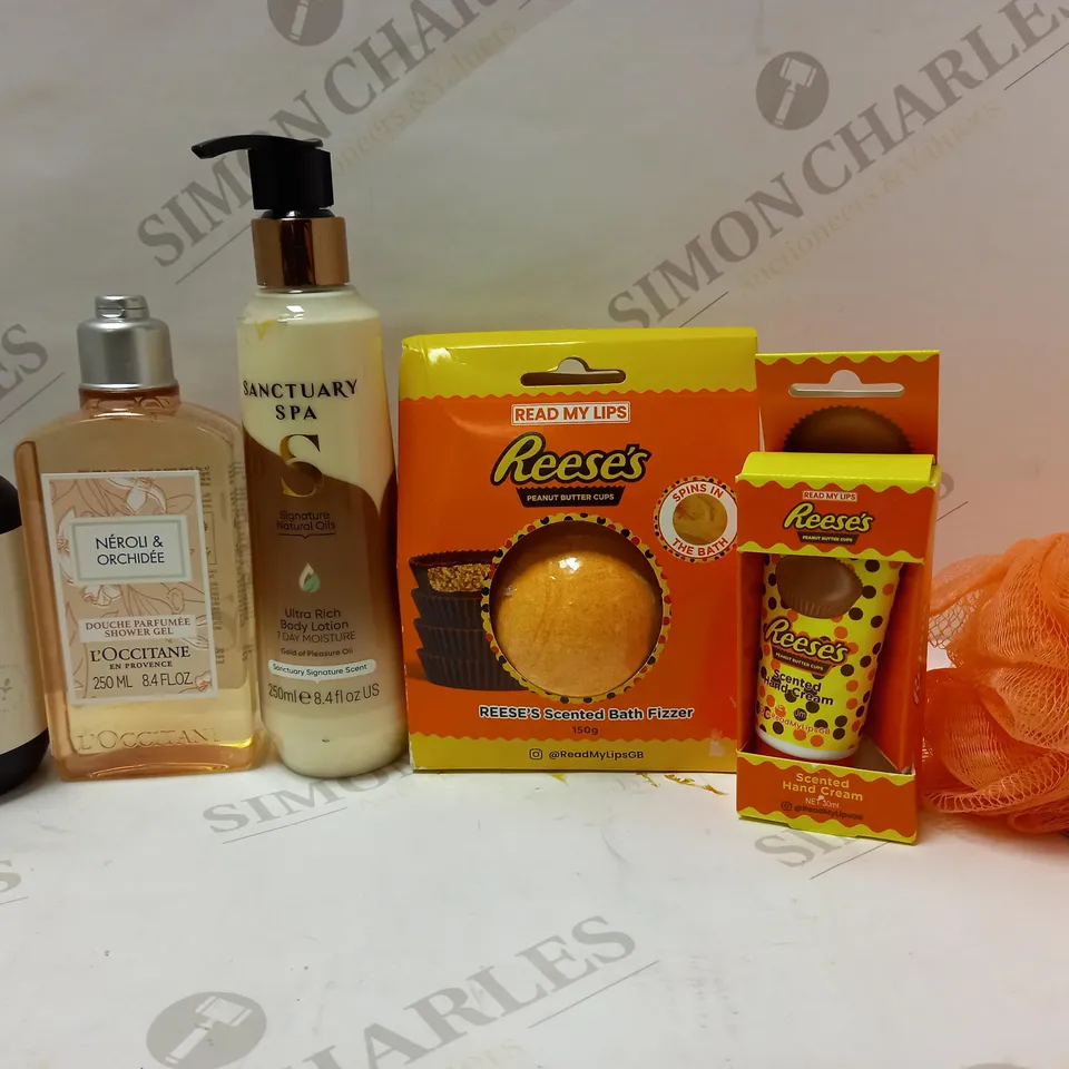 LOT OF 6 ASSORTED BATH&BODY PRODUCTS TO INCLUDE AROMA ACTIVE MUSCLE RECOVERY SOAK, L'OCCITANE SHOWER GEL, REESE'S BATH FIZZER, ETC