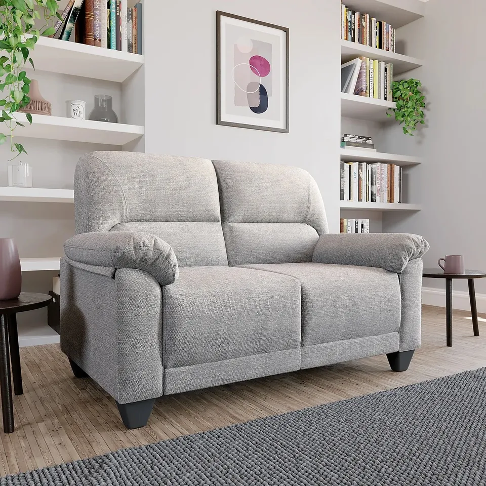 BOXED DESIGNER KENTON LIGHT GREY FABRIC SMALL TWO SEATER SOFA