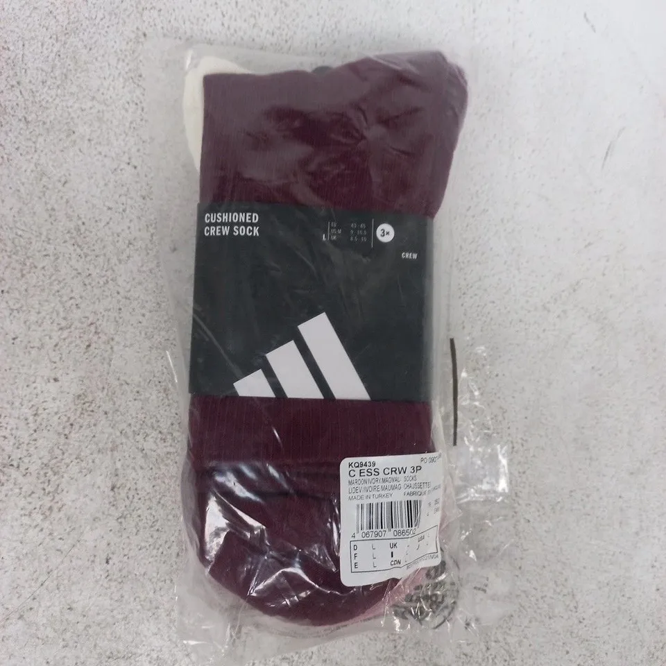 BAGGED ADIDAS CUSHIONED CREW SOCKS (3-PAIRS) IN MAROON/IVORY/PINK SIZE LARGE