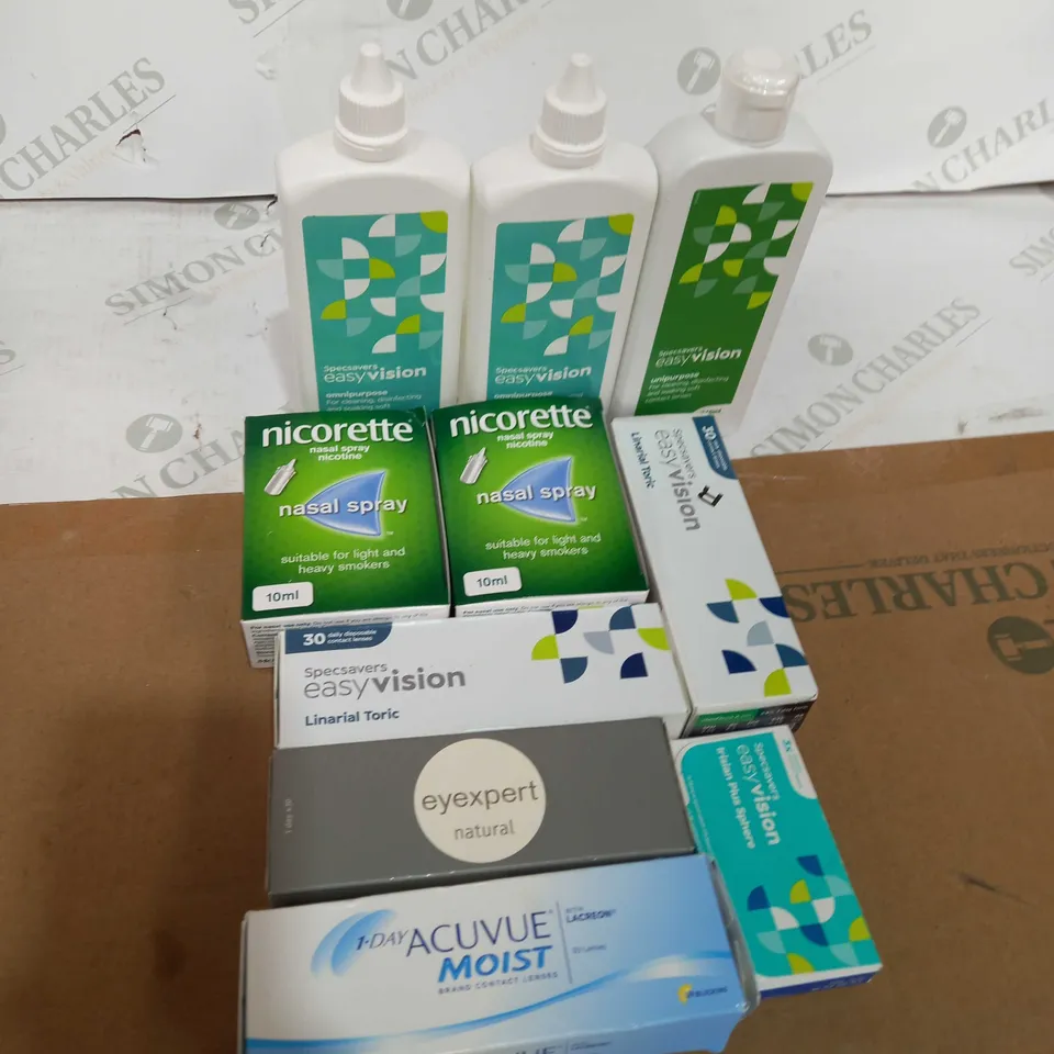 BOX OF ASSORTED MEDICAL APPLIANCES TOO INCLUDE NICORETTE PATRCHES , EYE LENSES AND EYE DROPS 
