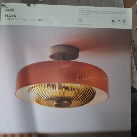 BOXED DUNELM FLOYD 2 LIGHT FLUSH CEILING FITTING WITH ORANGE GLASS AND GREEN GLASS WITH ANTIQUE BRASS FINISH