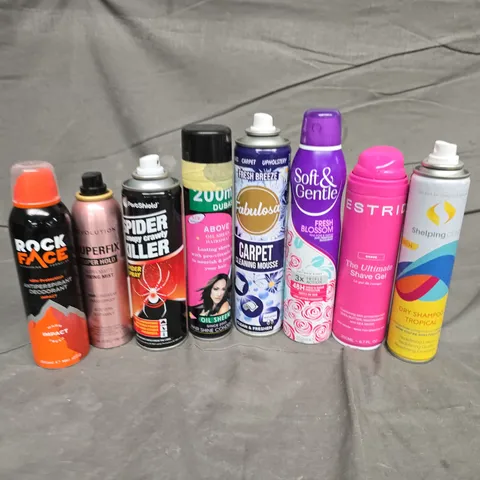 APPROXIMATELY 15 ASSORTED AEROSOLS TO INCLUDE ROCKFACE IMPACT, ESTRID THE ULTIMATE SHAVE GEL, SPIDER & CREEPY CRAWLY KILLER, ETC - COLLECTION ONLY