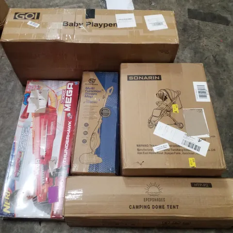 PALLET CONTAINING ASSORTED PRODUCTS INCLUDING BABY PLAYPEN, STROLLER, CAMPING DOME TENT, MULTI FUNCTION STEAM MOP & NERF N-STRIKE MEGA THUNDERHAWK 