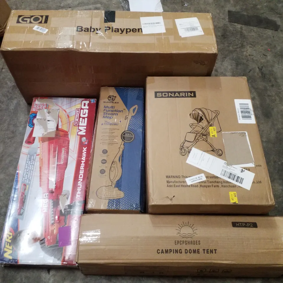 PALLET CONTAINING ASSORTED PRODUCTS INCLUDING BABY PLAYPEN, STROLLER, CAMPING DOME TENT, MULTI FUNCTION STEAM MOP & NERF N-STRIKE MEGA THUNDERHAWK 