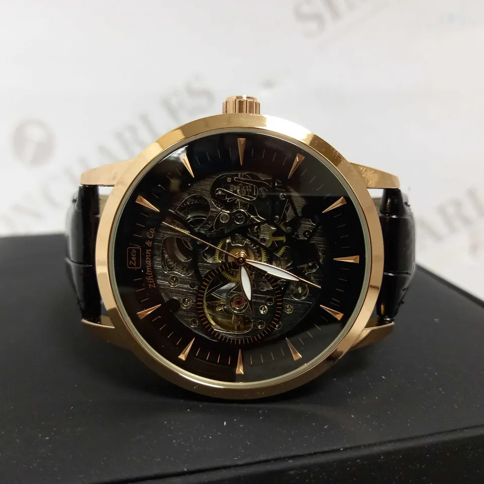 ZIHLMANN & CO SKELETON LEATHER STRAP WATCH