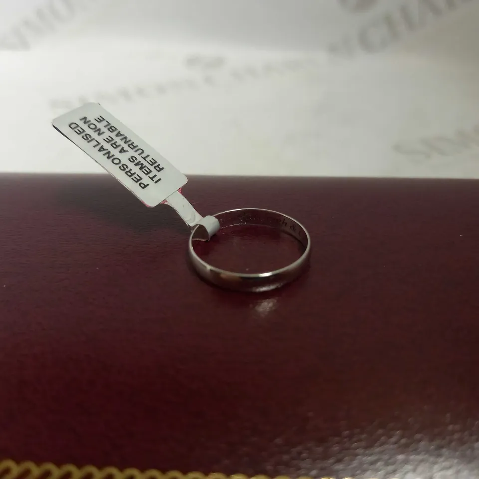 PERSONALISED 9CT WHITE GOLD D SHAPE WEDDING BAND SIZE N - "KAYLEIGH & CARL" RRP £153
