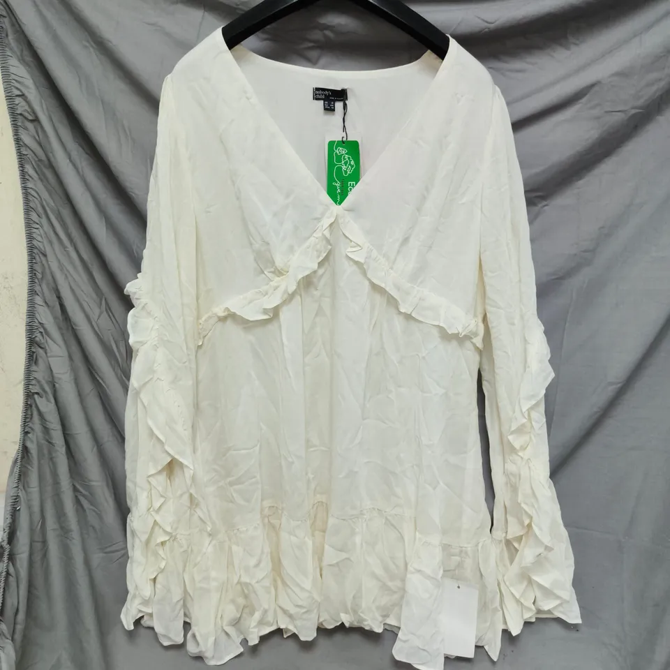 NOBODY'S CHILD WHITE RUFFLE BLOUSE, UK 16 (EU 44, USA 12)