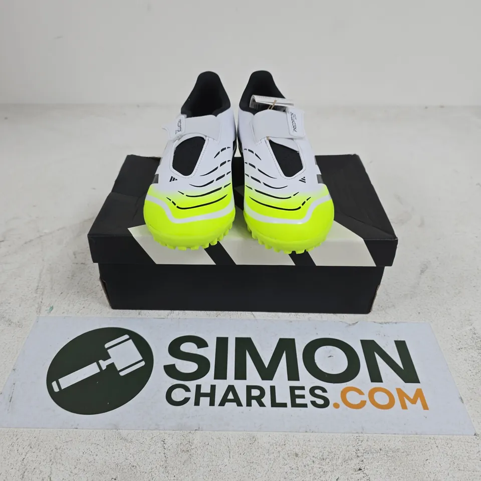 BOXED PAIR OF ADIDAS PREDATOR CLUB VEL TURF TRAINERS IN WHITE/GREEN - UK 2