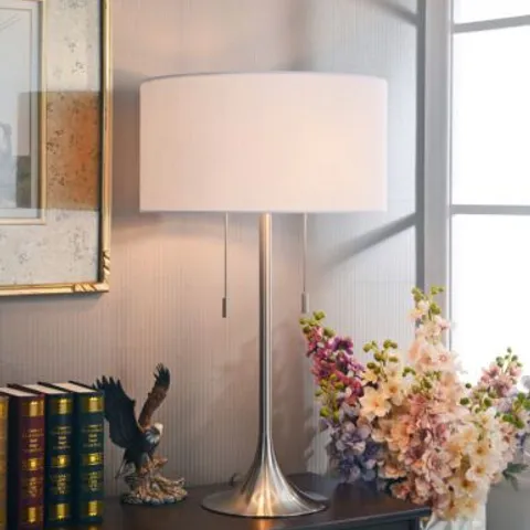 BOXED KENROY HOME STOWE TABLE LAMP WITH SILVER FINISH AND WHITE SHADE