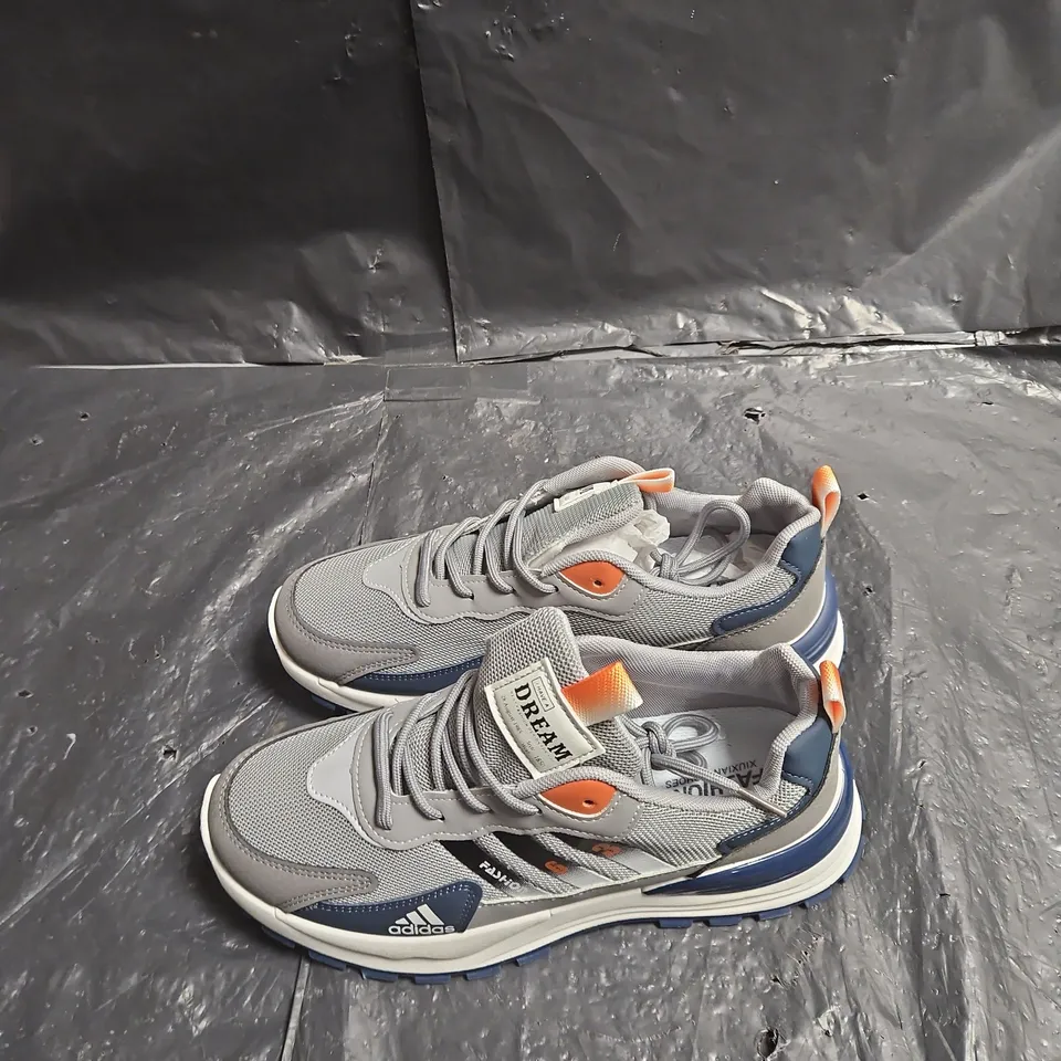 ADIDAS TRAINERS – GREY/BLUE WITH ORANGE ACCENTS EU 41