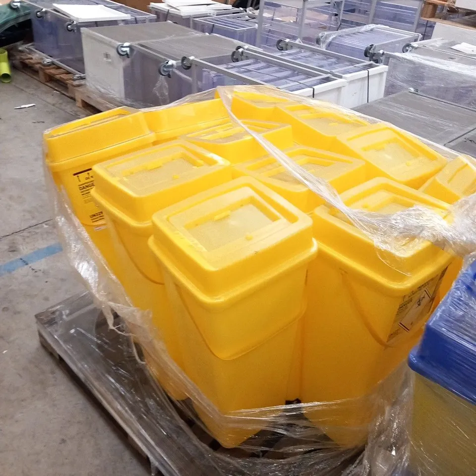 PALLET OF APPROXIMATELY 12 DANIELS SHARPSGUARD YELLOW THEATRE HAZARDOUS WASTE BINS