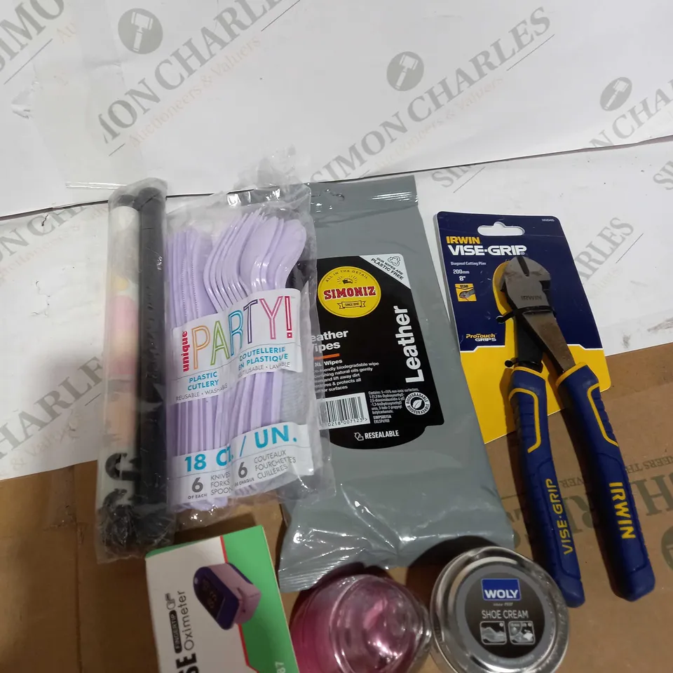 BOX OF ASSORTED HOUSEHOLD ITEMS TOO INCLUDE WIPES AND TOOLS 
