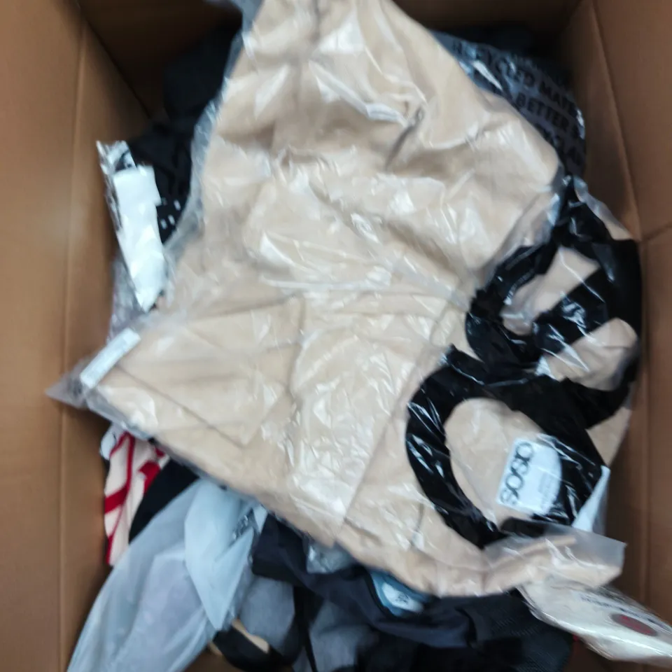LARGE BOX OF APPROXIMATELY 25 ASSORTED CLOTHING ITEMS IN VARIOUS COLOURS, STYLES AND SIZES - COLLECTION ONLY