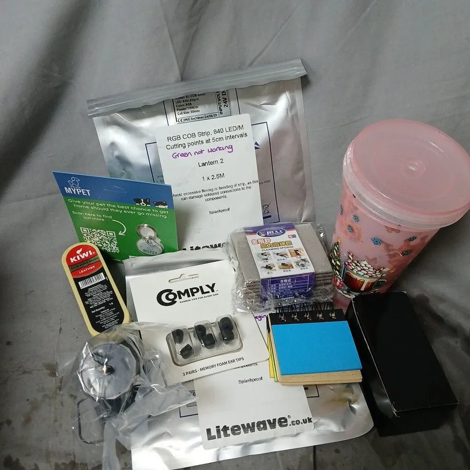 APPROXIMATELY 12 ASSORTED HOUSEHOLD ITEMS TO INCLUDE KIWI SHOE SHINE BRUSH, COMPLY MEMORY FOAM EAR TIPS, CLEANING SPONGE, ETC