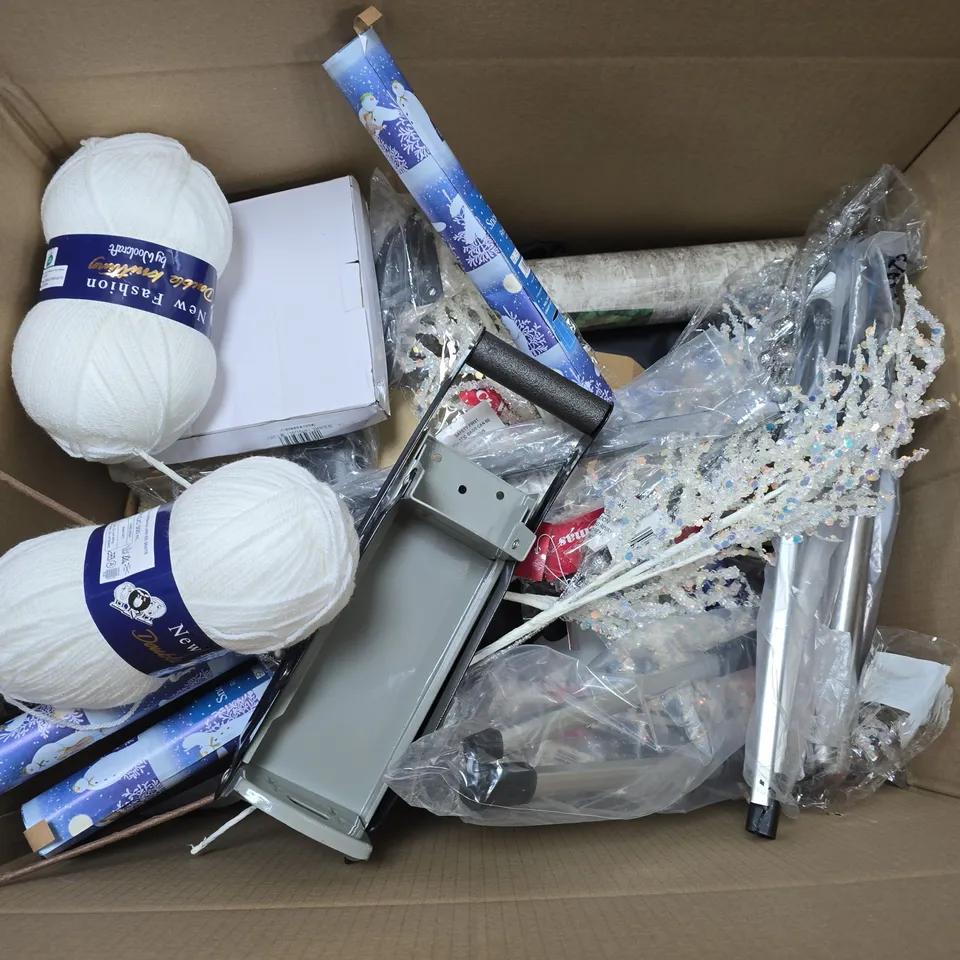 BOX OF APPROXIMATELY 15 ASSORTED HOUSEHOLD ITEMS TO INCLUDE WOOL, ARTIFICIAL PLANTS AND WRAPPING PAPER