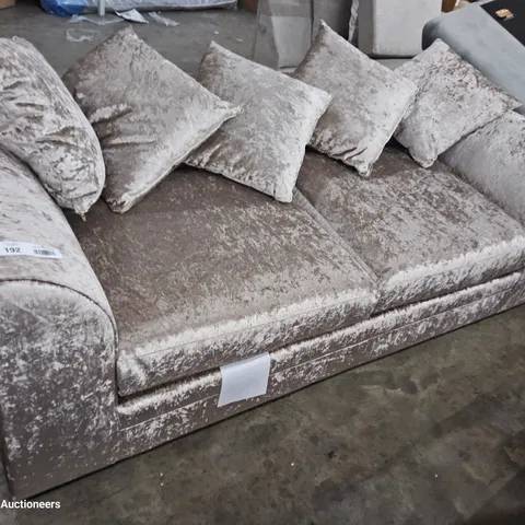 DESIGNER THREE SEATER SOFA WITH SCATTER CUSHIONS CRUSHED SILVER VELVET