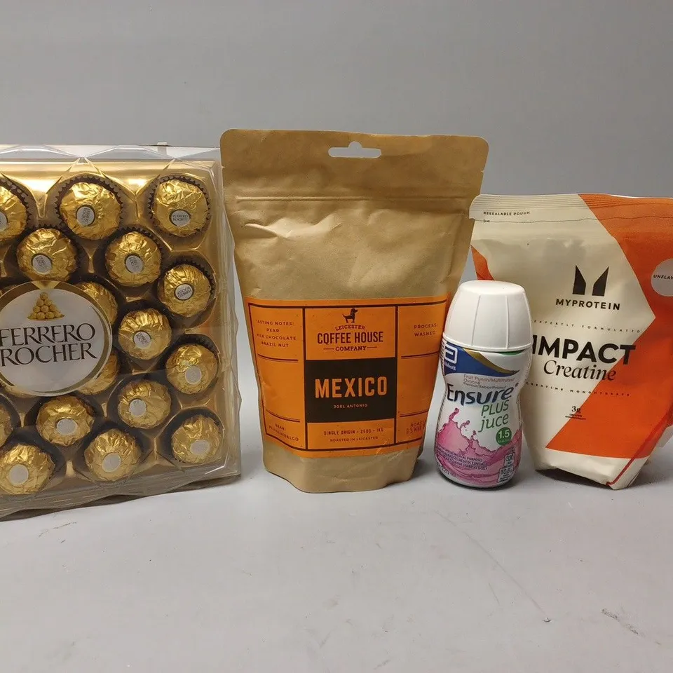 BOX OF APPROX 12 ASSORTED FOOD ITEMS TO INCLUDE - FERRERO ROCHER CHOCOLATE - COFFEE HOUSE MEXICO - MY PROTEIN IMPACT CREATINE ETC