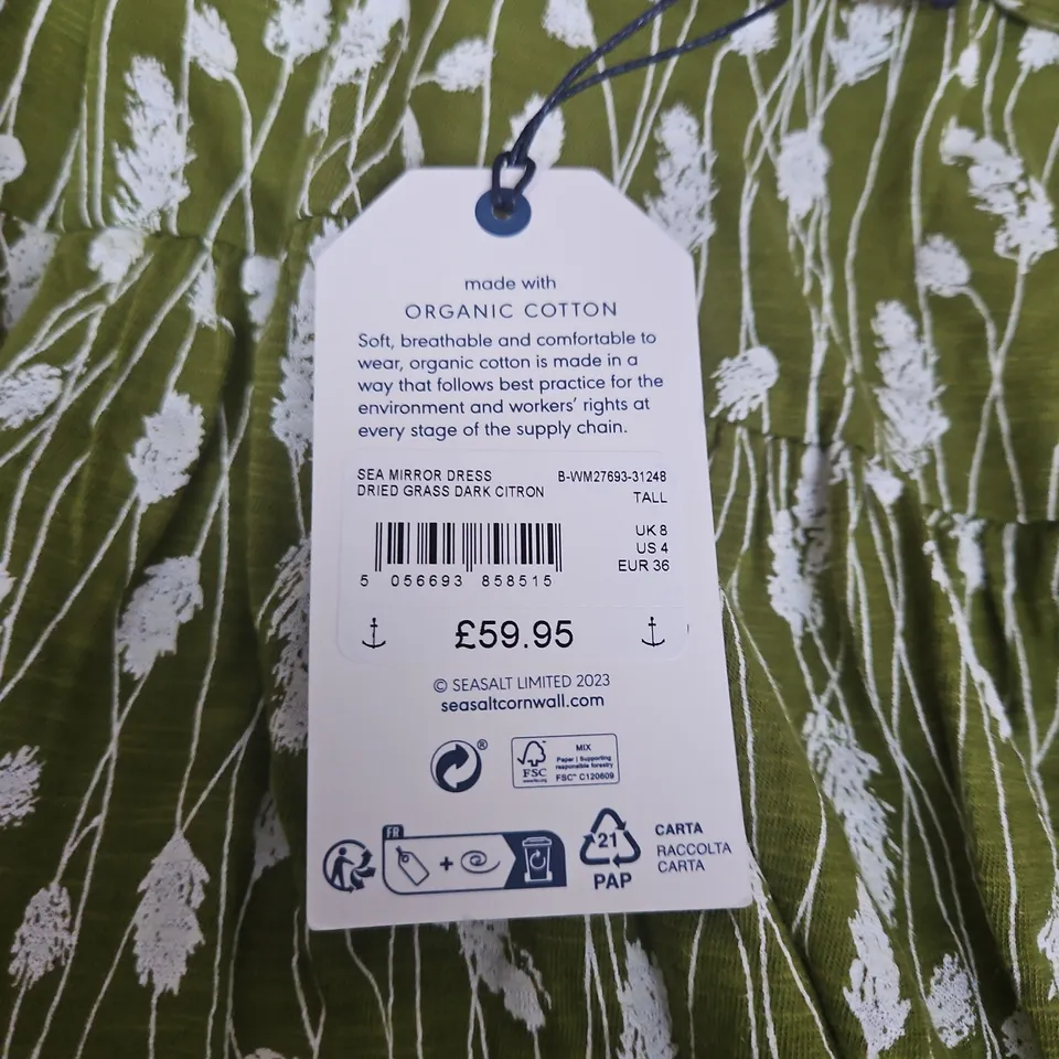 SEA SALT SEA MIRROR DRESS – ORGANIC COTTON, DRIED GRASS DARK CITRON, UK 8 TALL