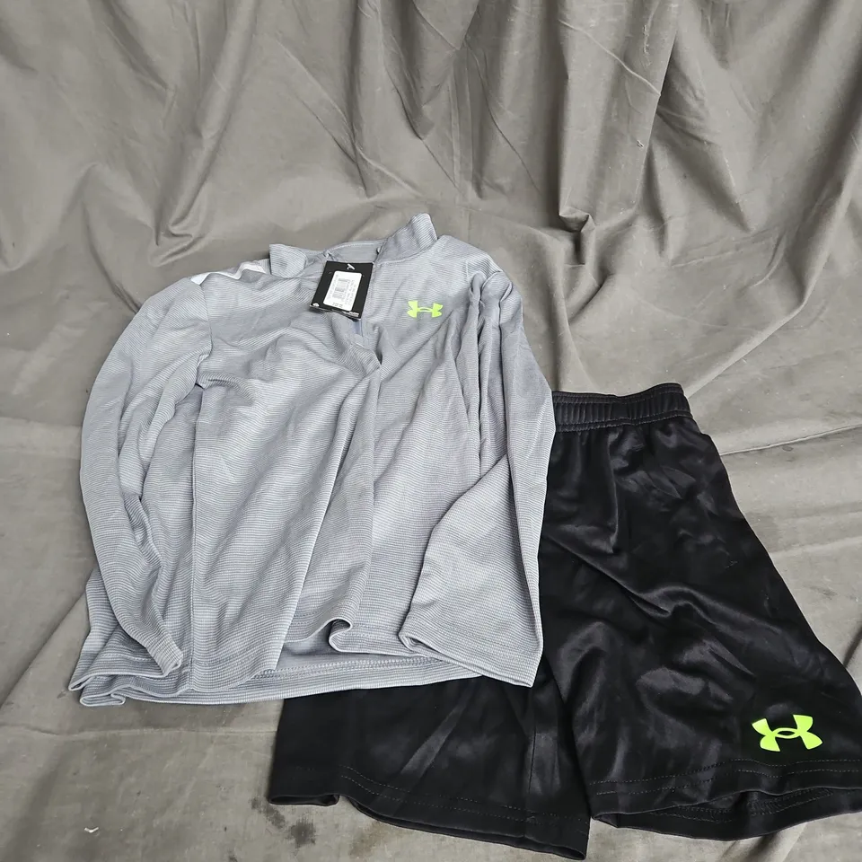 UNDER ARMOUR TECH TWIST 1/4 ZIP & SHORTS SET IN GREY/BLACK/LIME SIZE 6-7YRS
