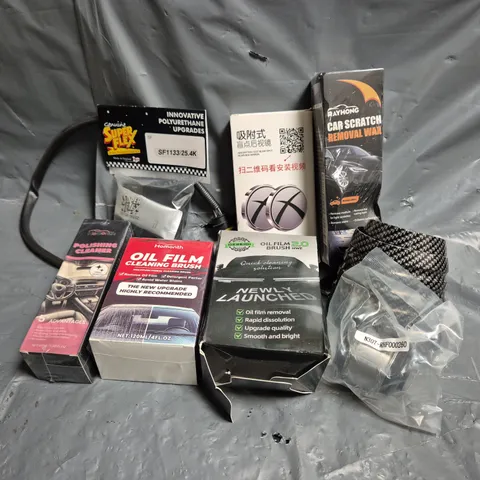 APPROXIMATELY 12 ASSORTED VEHICLE PARTS & ACCESSORIES TO INCLUDE POLISHING CLEANER, CAR SCRATCH REMOVAL WAX, CAR BLIND SPOT REARVIEW MIRROR, ETC