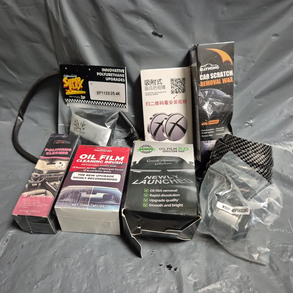 APPROXIMATELY 12 ASSORTED VEHICLE PARTS & ACCESSORIES TO INCLUDE POLISHING CLEANER, CAR SCRATCH REMOVAL WAX, CAR BLIND SPOT REARVIEW MIRROR, ETC