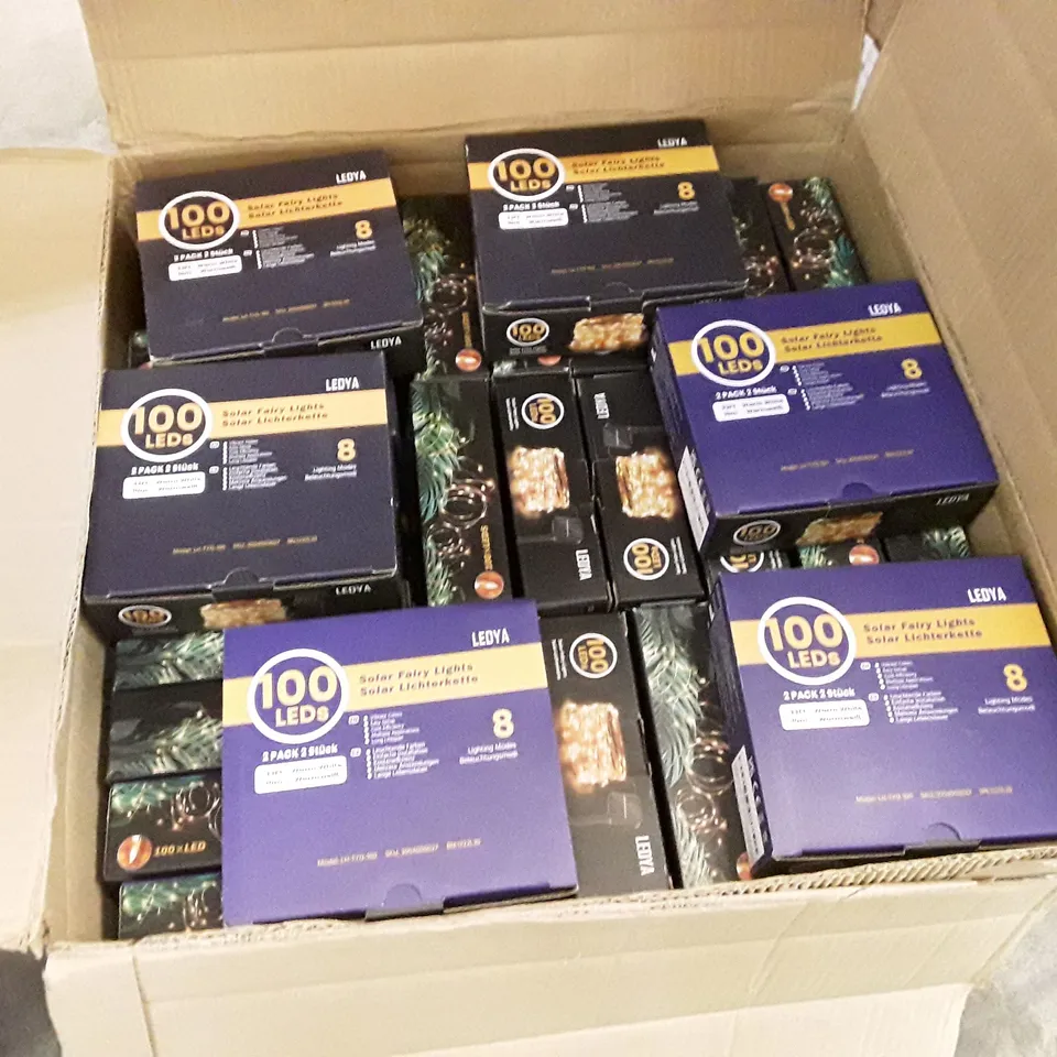 BOX CONTAINING APPROXIMATELY 62 BOXES OF 100 LED SOLAR FAIRY LIGHTS