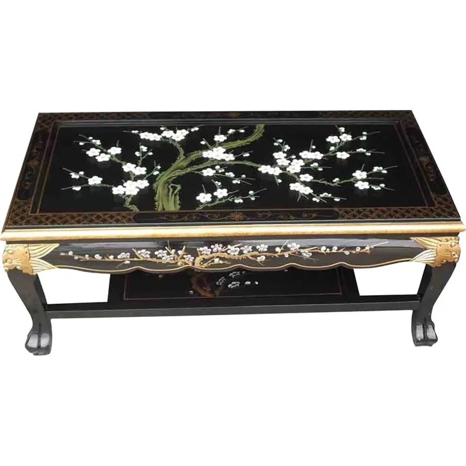 BOXED HAND PAINTED CHERRY BLOSSOM COFFEE TABLE WITH SHELF AND GLASS TOP (1 BOX)