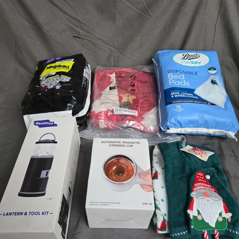 LARGE BOX OF APPROXIMATELY 15 ASSORTED HOUSEHOLD ITEMS TO INCLUDE - AUTOMATIC STIRRING CUP - NINJAMASPYJAMA PANTS - REALPLUS LANTERN & TOOL KIT - ETC