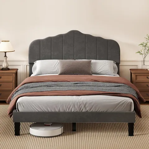 BOXED LEVEDE DOUBLE BED FRAME UPHOLSTERED PLATFORM WOODEN 135X190CM DARK GREY