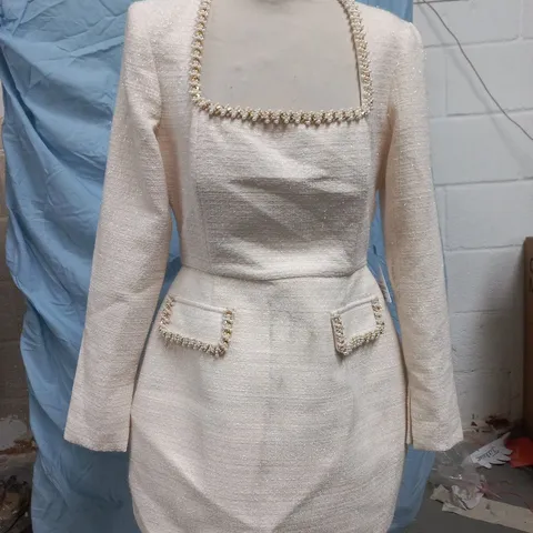 NADINE MERABI CREAM BOUCLΓ DRESS WITH PEARL TRIM SIZE UK 12
