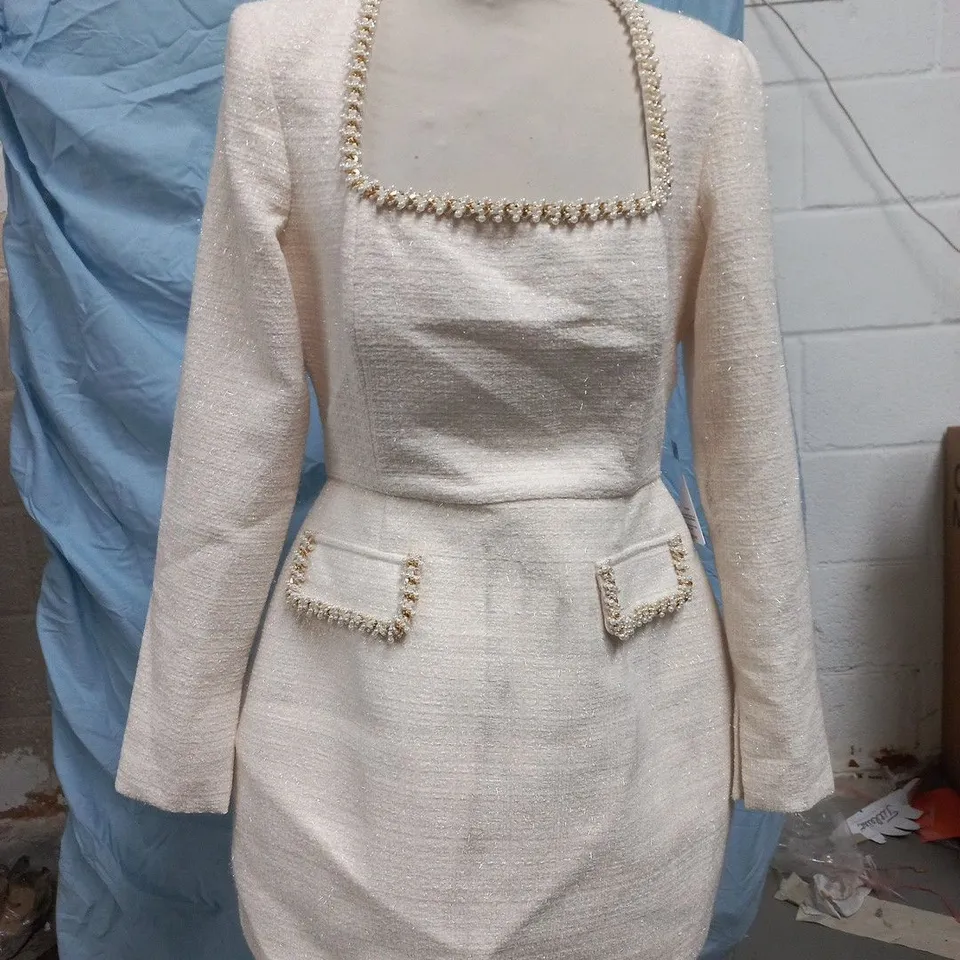NADINE MERABI CREAM BOUCLÉ DRESS WITH PEARL TRIM SIZE UK 12