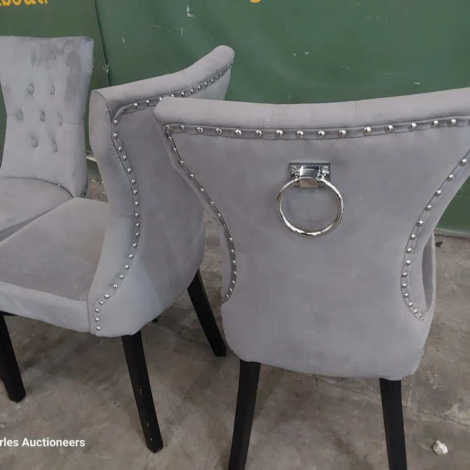 SET OF FOUR UPHOLSTERED BUTTONED RING BACK DINING CHAIRS GREY PLUSH FABRIC ON BLACK PAINTED LEGS 