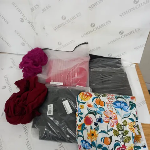 LARGE BOX OF ASSORTED CLOTHING ITEMS IN VARIOUS COLOURS AND SIZES INCLUDING TROUSERS , TOPS AND JUMPERS
