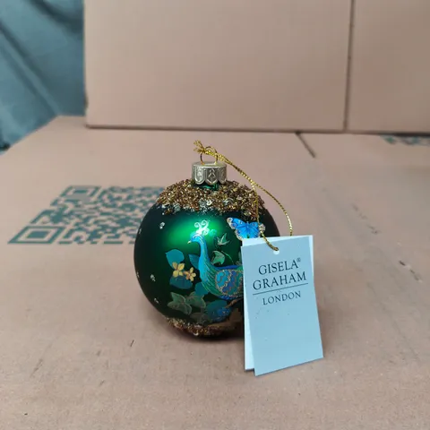 GISELA GRAHAM LONDON CHRISTMAS ORNAMENT – GREEN GLASS BAUBLE WITH BUTTERFLY & FLORAL DESIGN, SET OF 12