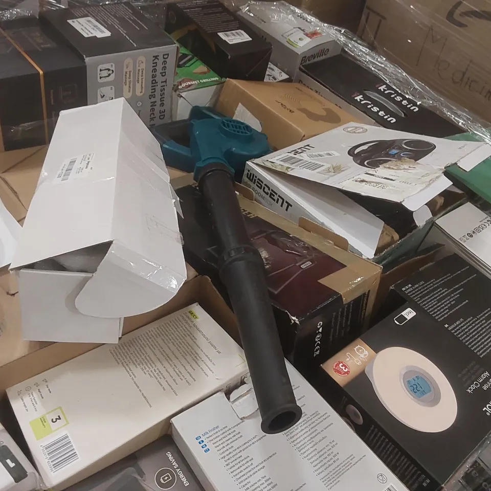 PALLET CONTAINING A VERY LARGE QUANTITY OF ASSORTED ITEMS INCLUDING: BOOM BOX, PORTABLE DEHUMIDIFIER, TOWER FAN LIGHT, WATER DISPENSER, NECK MASSAGER ECT