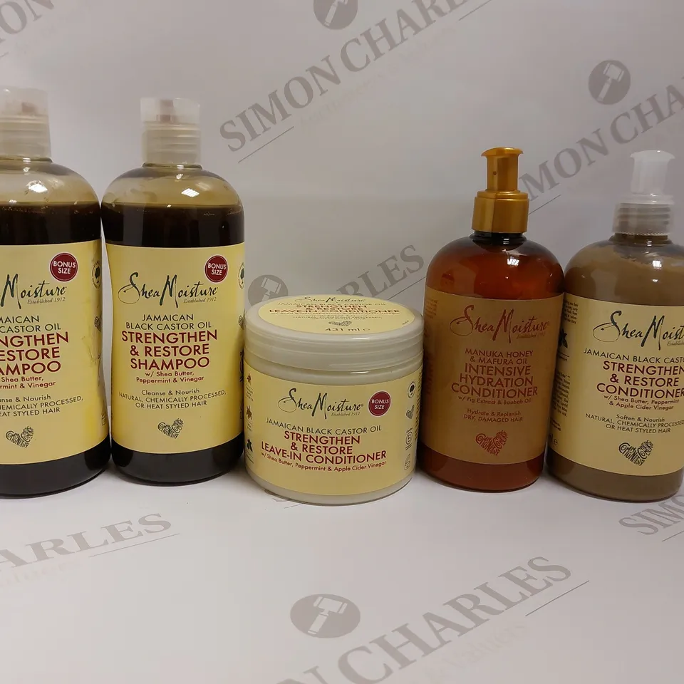 BOX OF APPROX 5 SHEA MOISTURISER ITEMS TO INCLUDE STRENGTHEN&RESTORE SHAMPOO, CONDITIONER AND LEAVE IN CONDITIONER