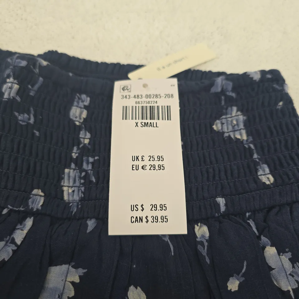 HOLLISTER WOMEN'S FLORAL PRINT SKIRT – NAVY, ELASTICATED WAIST, SIZE X SMALL